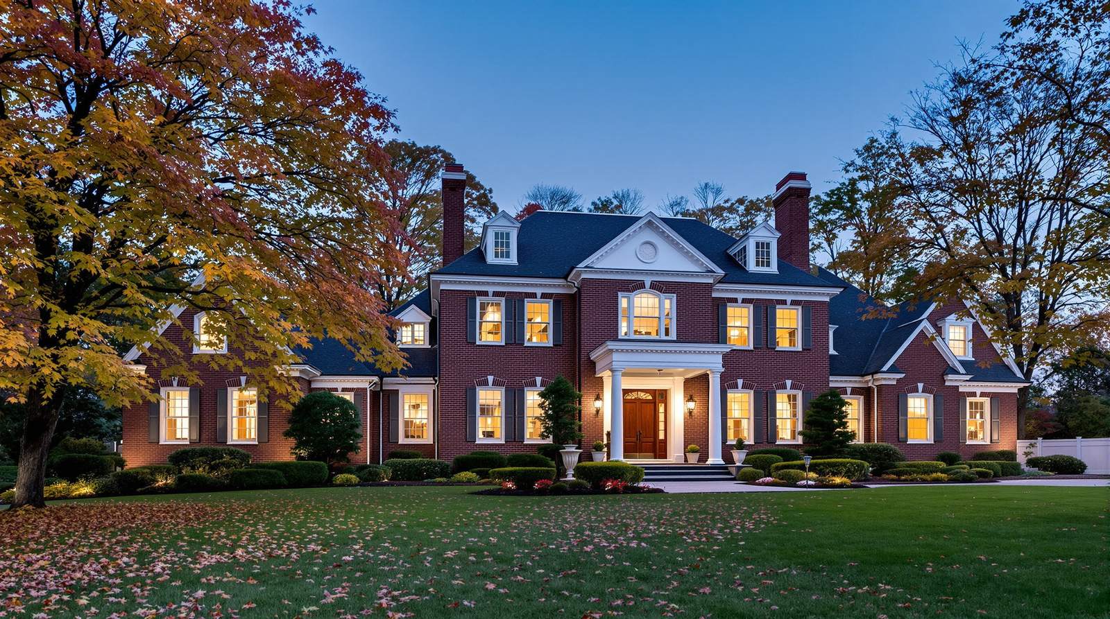 Elegant brick colonial home at dusk with glowing windows