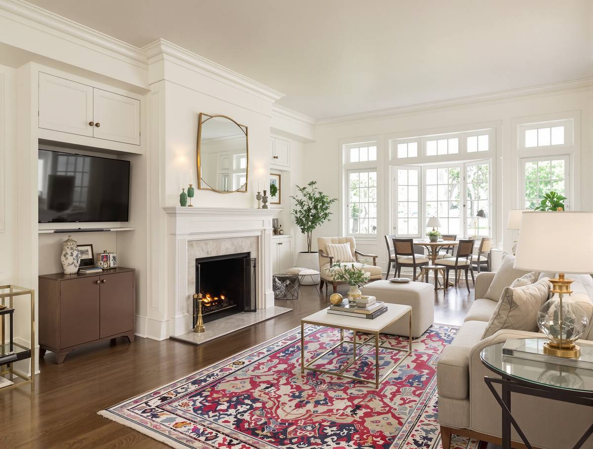 Bright, elegant living room with fireplace