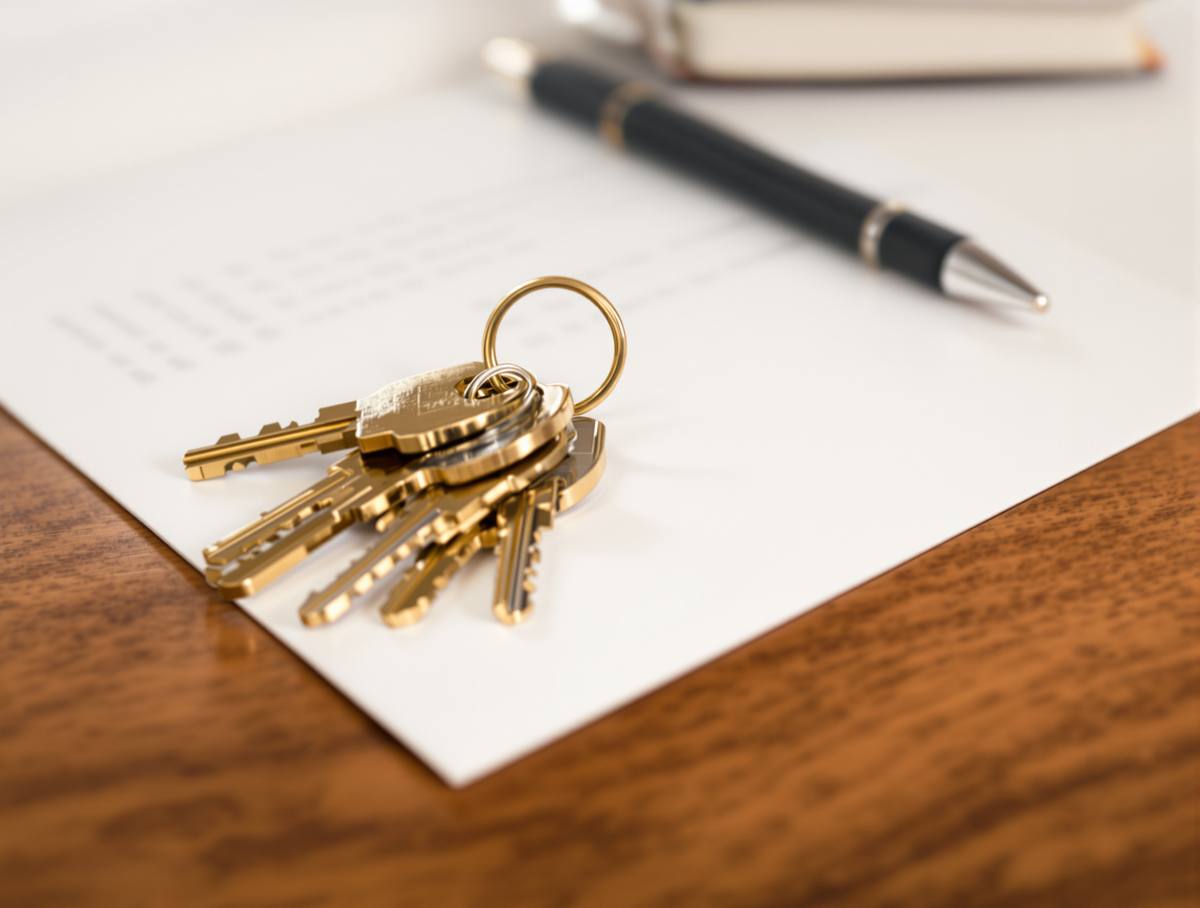 Brass house keys on a walnut table